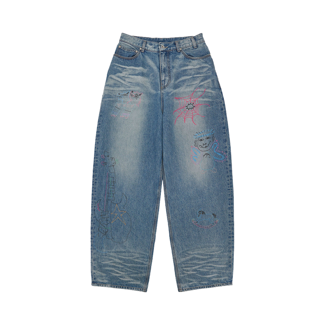 에스티유 X 행크 프린트 데님 팬츠 미드 블루(STU X HANK Printed Denim Pants Mid Blue)