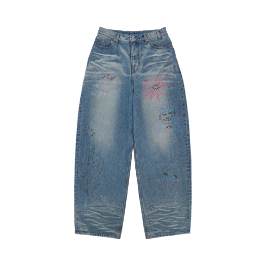 24CLHKDN02 STU X HANK Printed Denim Pants Mid Blue