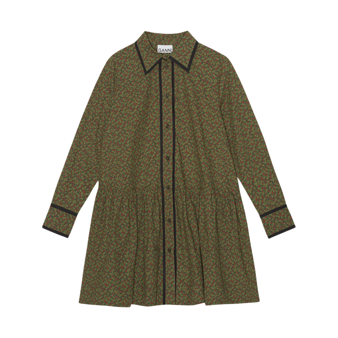 (W) 가니 프린티드 코튼 미니 셔츠 드레스 아보카도((W) Ganni Printed Cotton Mini Shirt Dress Avocado) - 1