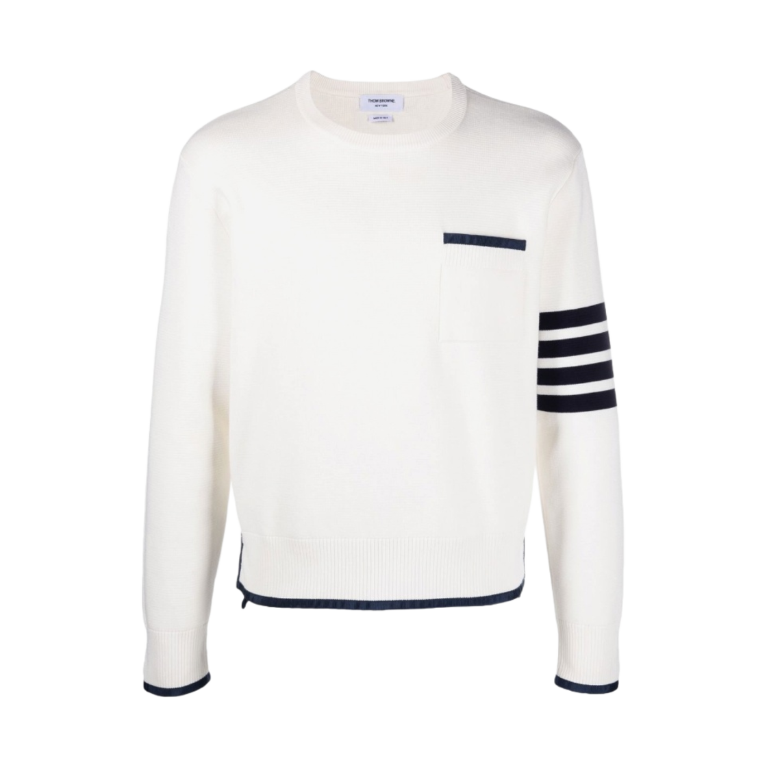 톰브라운 밀라노 스티치 코튼 티핑 사선 박시 크루넥 풀오버 화이트(Thom Browne Milano Stitch Cotton Tipping 4-Bar Boxy Crew Neck Pullover White) - 1