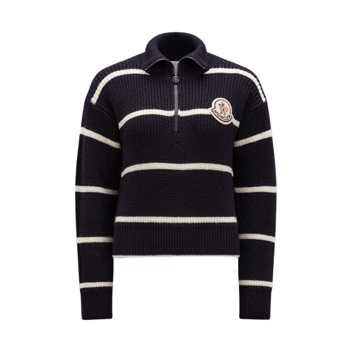 (W) 몽클레르 스트라이프 울 폴로 넥 점퍼 다크 네이비 블루 화이트 - 23FW((W) Moncler Striped Wool Polo Neck Jumper Dark Navy Blue White - 23FW) - 1