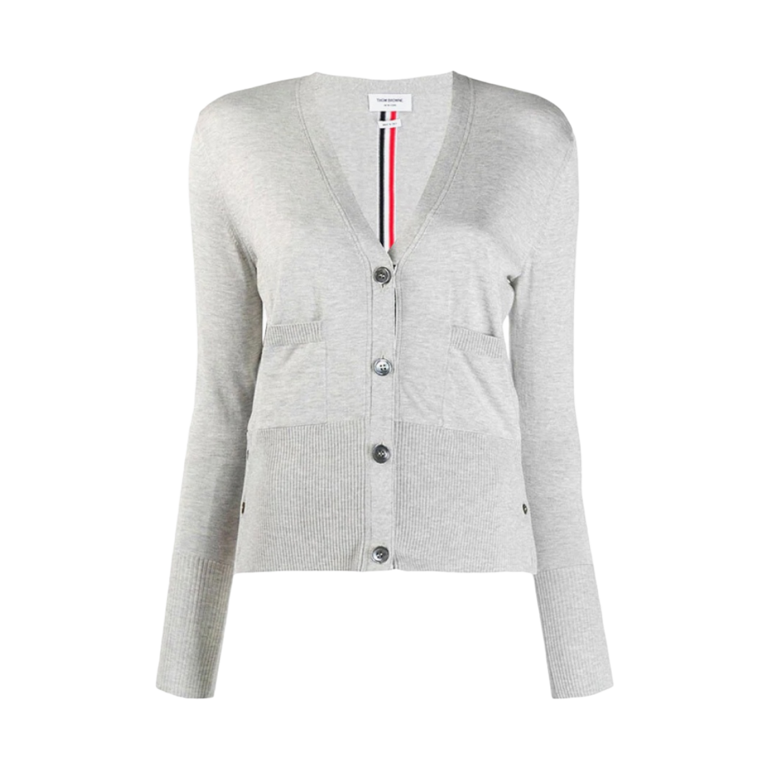 FKC301A-06162-055 (W) Thom Browne Silk Cotton Blend Relaxed V-Neck Cardigan Light Grey