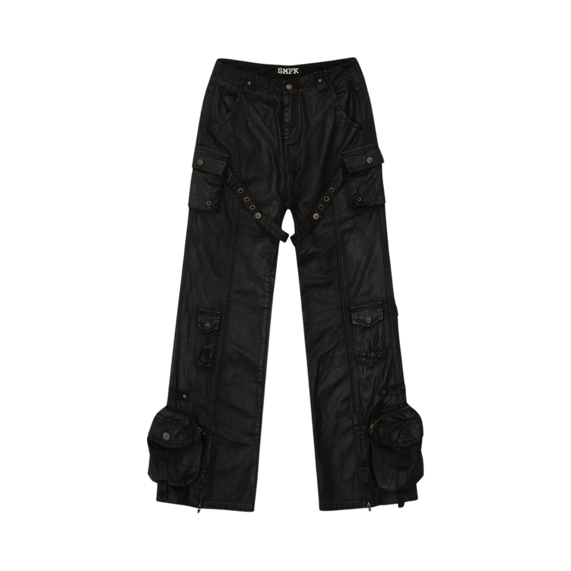 (W) 에스엠에프케이 에인션트 미스 팬서 왁스드 플레어 팬츠 블랙((W) SMFK Ancient Myth Panther Waxed Flared Pants Black)