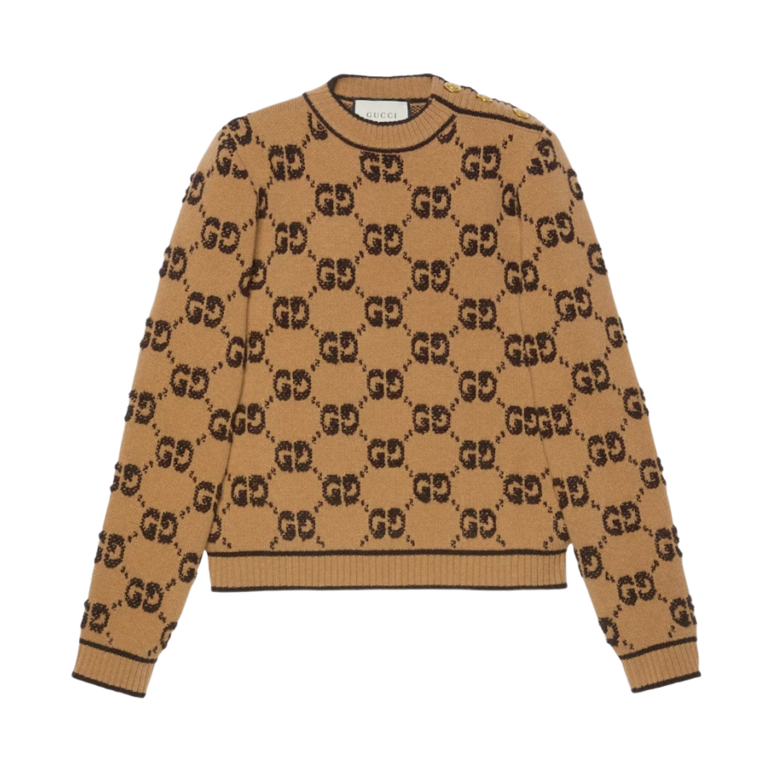 718631-XKCNA-2668 (W) Gucci GG Wool Boucle Jacquard Sweater Camel Brown