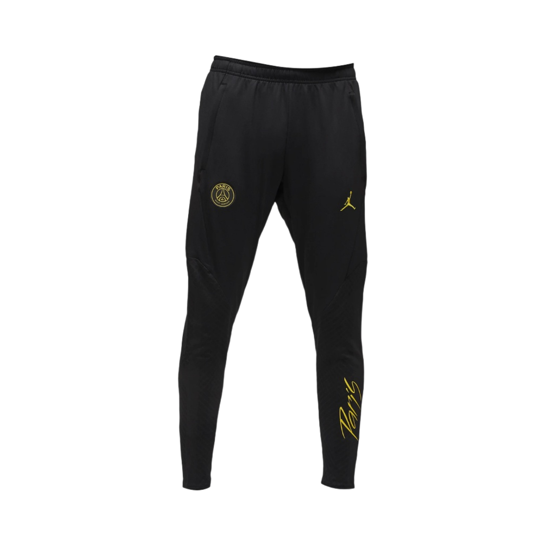 조던 x 파리 생제르맹 스트라이크 드라이 핏 니트 풋볼 팬츠 블랙 투어 옐로우(Jordan x Paris Saint-Germain Strike Dri-Fit Knit Football Pants Black Tour Yellow)