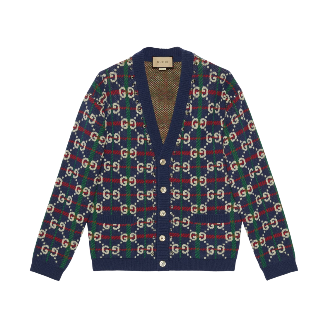 구찌 GG 체크 니트 울 가디건 블루 화이트