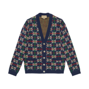 Gucci GG Check Knit Wool Cardigan Blue White
