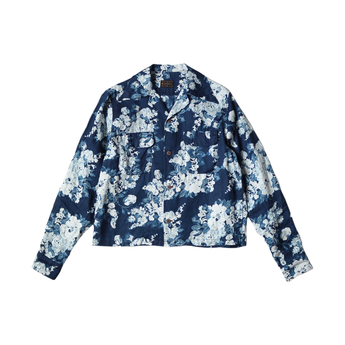 K2404LS138 (W) Kapital IDG French Cross Linen Champetre Discharge Printing Wrangle Collar Open Collar Shirt L's Indigo