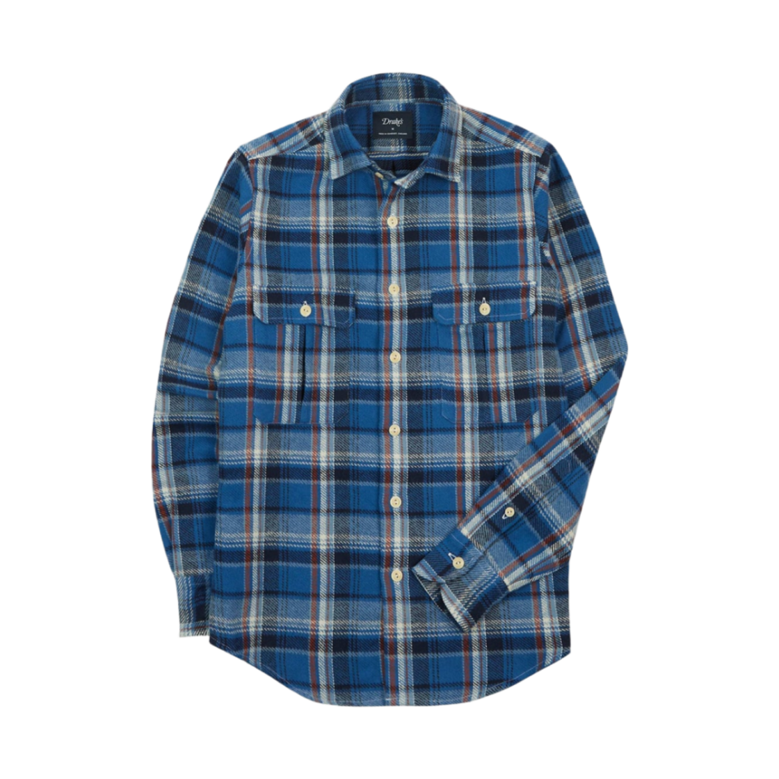 DR2A4D-24718-01-203 Drake's Check Heavy Cotton Two Pocket Work Shirt Navy