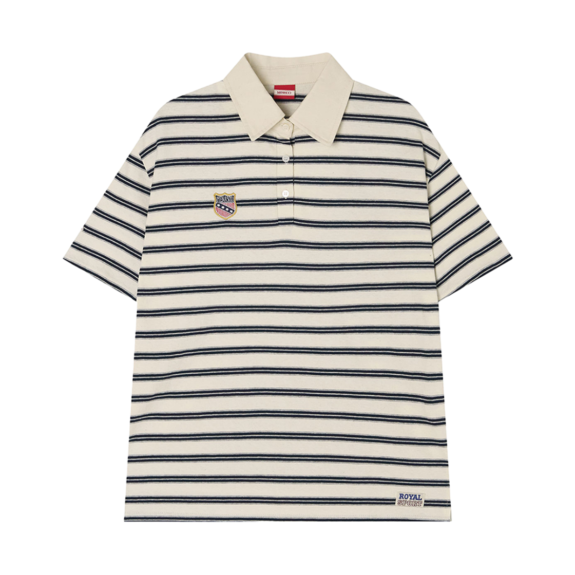 미나수 멀티스트라이프 럭비카라반팔티 네이비아이보리(Menasoo Multi Stripe Collar T Shirt Navy Ivory)