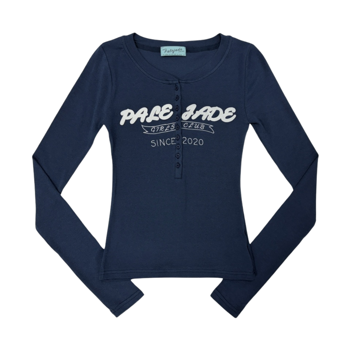 (W) 페일제이드 Y2K 패치 레터링 티셔츠 네이비((W) Pale Jade Y2K Patch Lettering T-Shirt Navy)