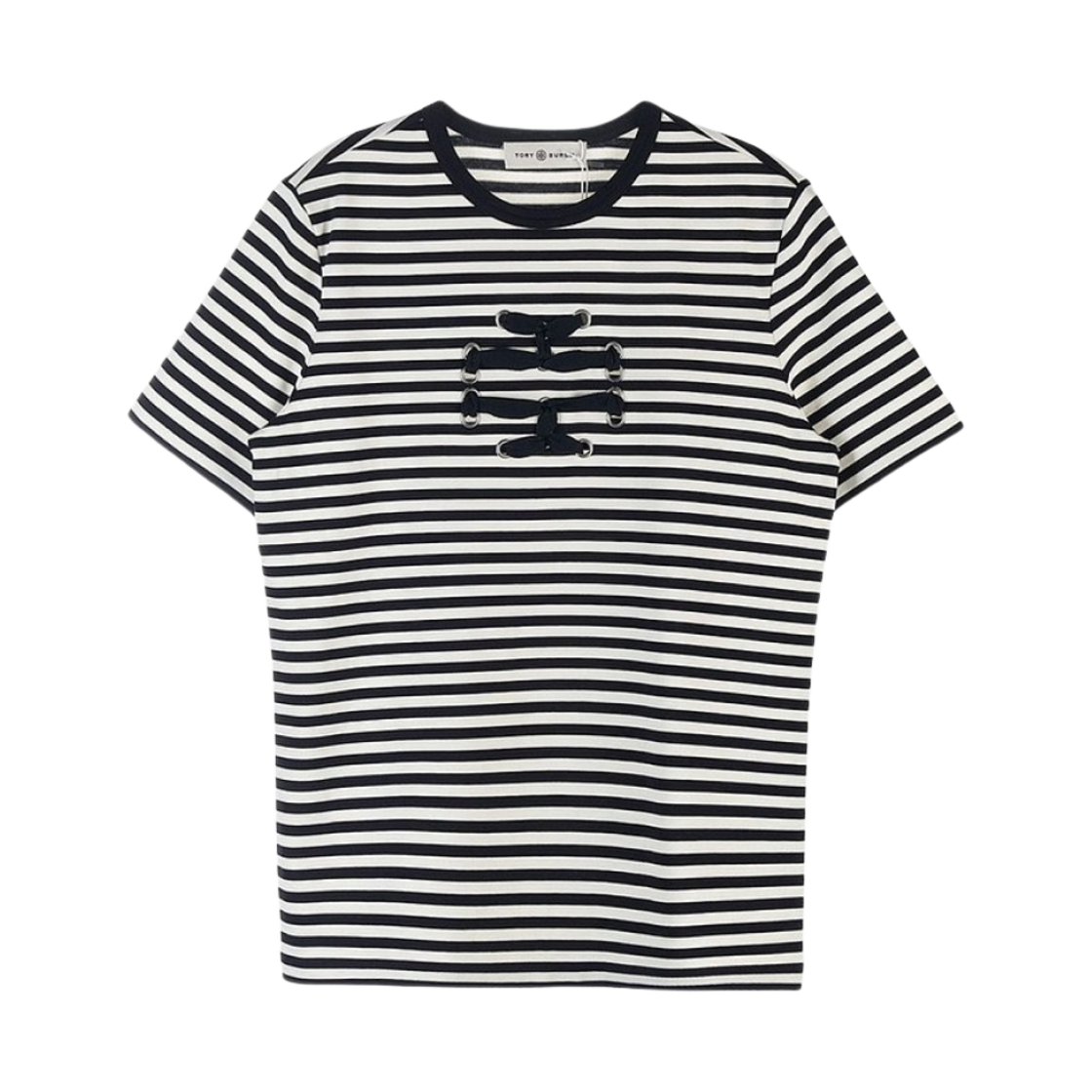 (W) 토리버치 로고 스트라이프 코튼 티셔츠 블랙 뉴아이보리((W) Tory Burch Logo Striped Cotton T-Shirt Black New Ivory) - 1