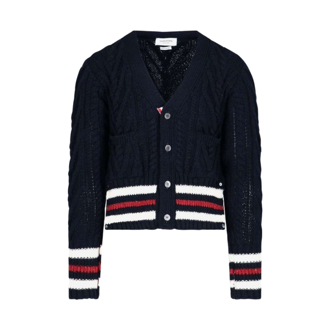 톰브라운 모헤어 트위드 아란 케이블 트라이컬러 크리켓 스트라이프 브이넥 가디건 네이비