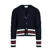 Thom Browne Mohair Tweed Aran Cable Tricolor Cricket Stripe V-Neck Cardigan Navy