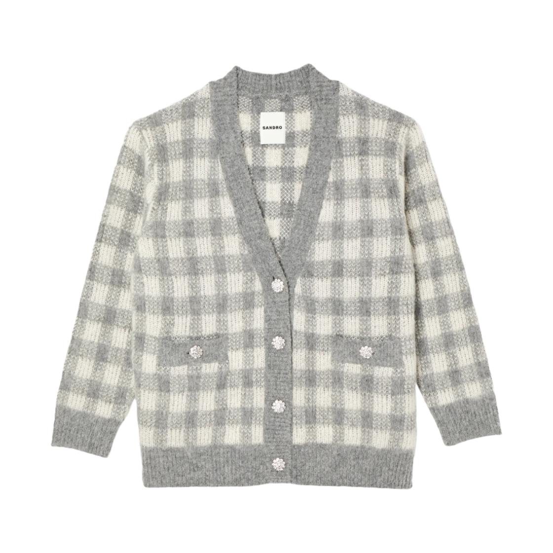 (W) 산드로 체크 자카드 가디건 라이트 그레이((W) Sandro Checked Jacquard Cardigan Light Grey)