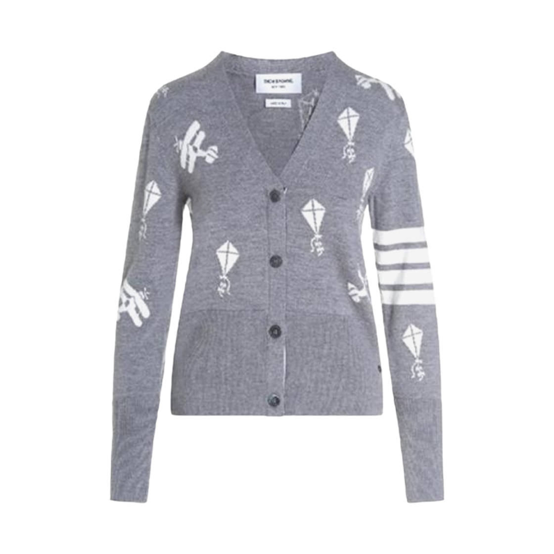 FKC423A-Y1002-055 (W) Thom Browne Fine Merino Wool 4-Bar Half Drop Sky Icon 4-Bar Relaxed Fit Cardigan Light Grey