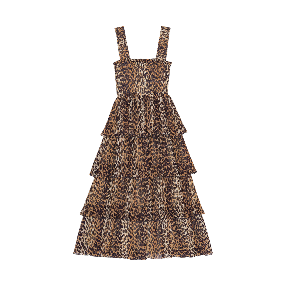 (W) 가니 레오파드 플리츠 조지테 플라운스 스모크 미디 드레스 아몬드 밀크((W) Ganni Leopard Pleated Georgette Flounce Smock Midi Dress Almond Milk) - 2