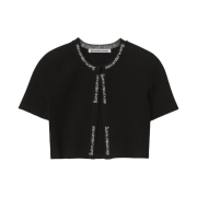 (W) Alexander Wang Jacquard Short Sleeve Logo Cardigan in Stretch Knit Black