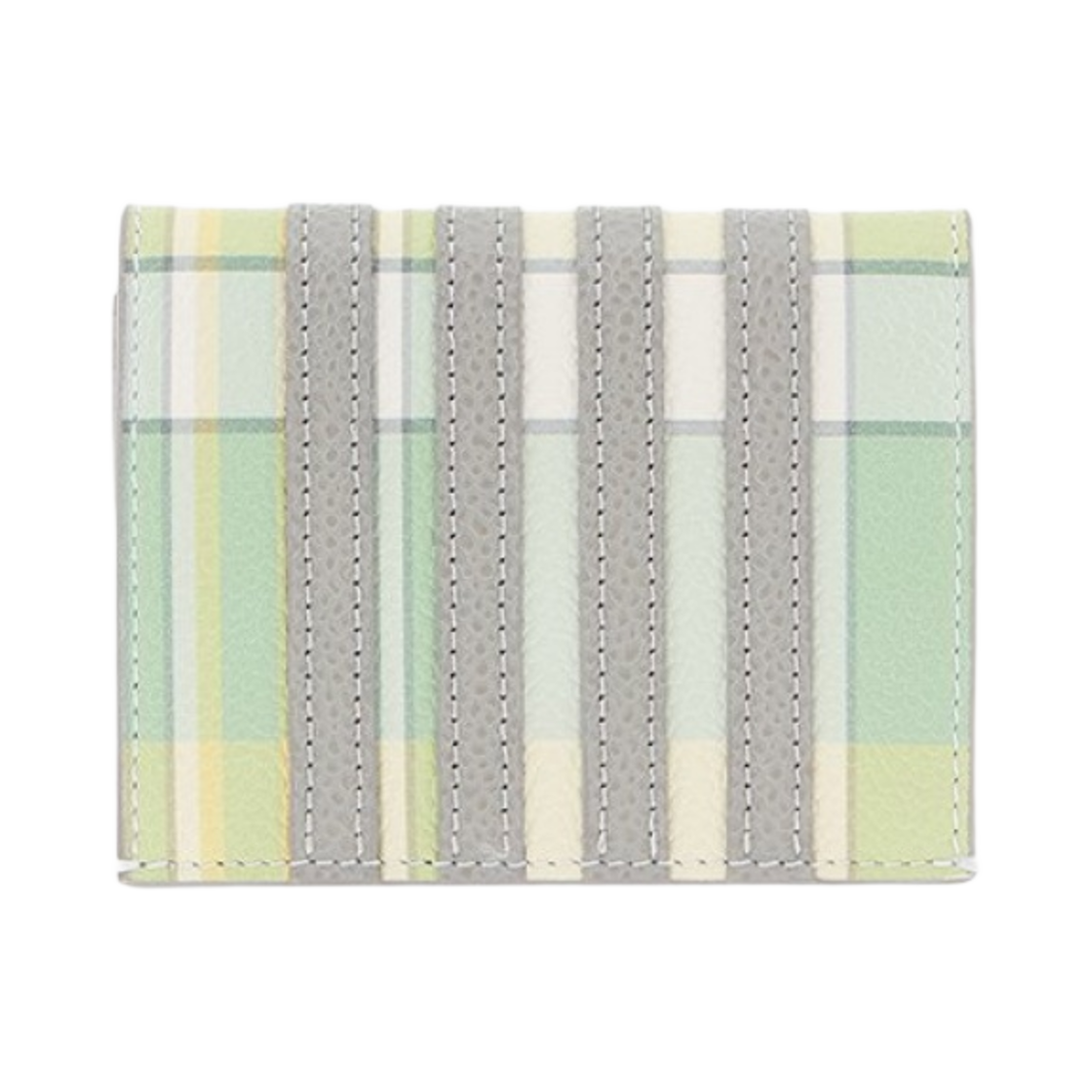 MAW218A-L0041-340 Thom Browne Madras Print on Pebble Grain Leather 4 Bar Applique Stripe Double Card Holder Pastel Green