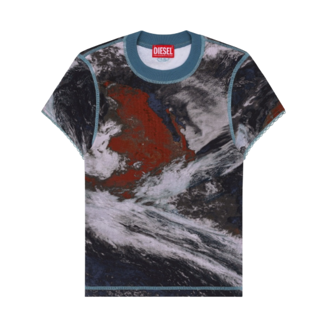 (W) 디젤 T-스킨지-레이스 립드 플래닛 프린트 티셔츠 블루((W) Diesel T-Skinzy-Lace Ribbed T-Shirt With Planet Print Blue) - 1