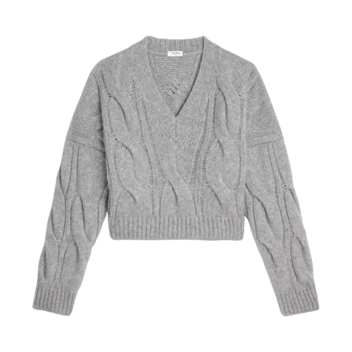 (W) 셀린느 케이블 니트 캐시미어 실크 브이넥 스웨터 라이트 그레이((W) Celine V-Neck Sweater in Cable Knit Cashmere and Silk Light Grey) - 1