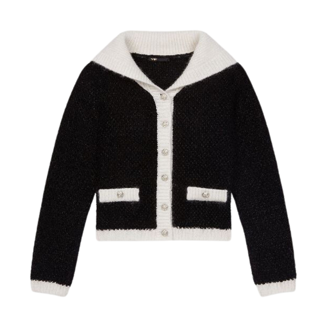(W) 마쥬 투톤 스트레치 가디건 블랙 화이트((W) Maje Two-Tone Stretch Cardigan Black White)