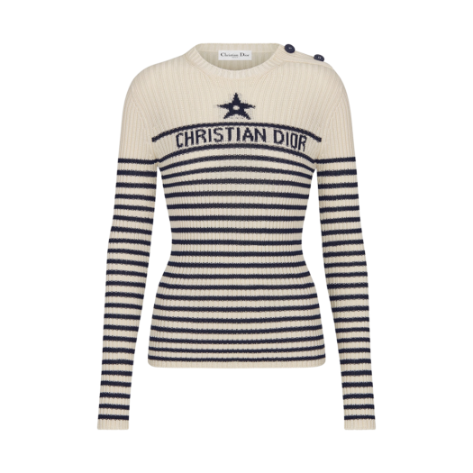(W) Dior Dioriviera Sweater Ecru Navy Blue Knit Signature