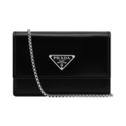 Prada Brushed Leather Card Holder with Shoulder Strap Black