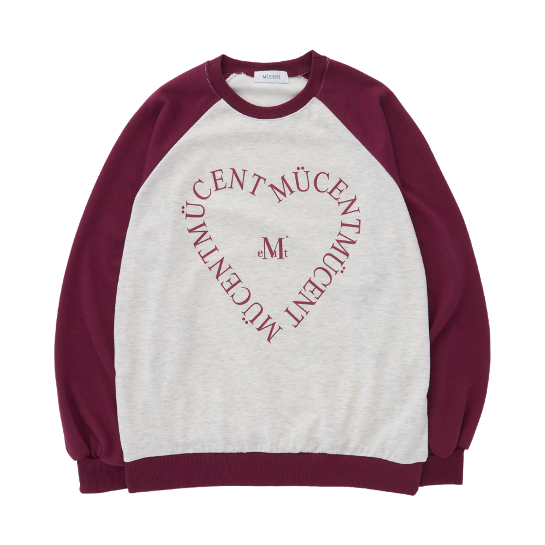 P00000NP_01 MUCENT Heart Lettering Raglan Mtm Burgundy Oatmeal