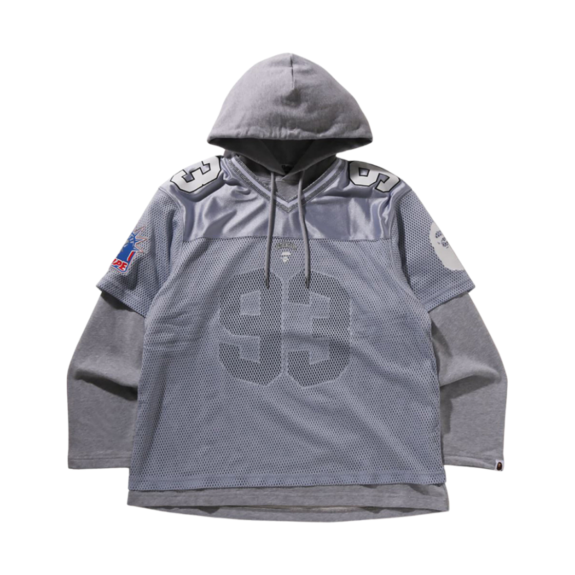 베이프 멀티 로고 릴렉스드 핏 레이어드 슬리브 풋볼 저지 실버