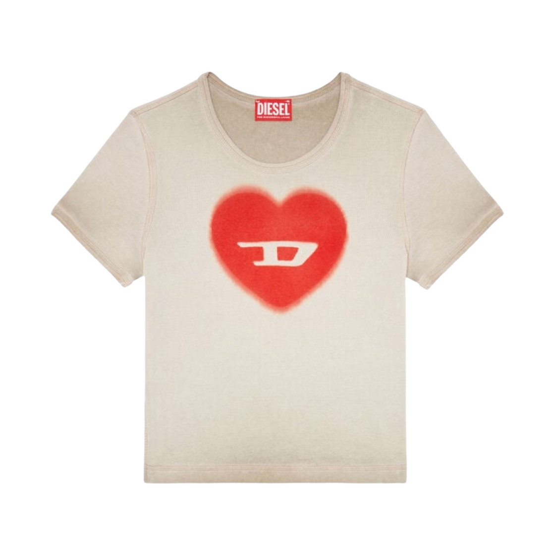 (W) 디젤 T-엘레 워터컬러 하트 D 립드 티셔츠 베이지((W) Diesel T-Ele Ribbed T-Shirt with Watercolour Heart D Beige) - 1
