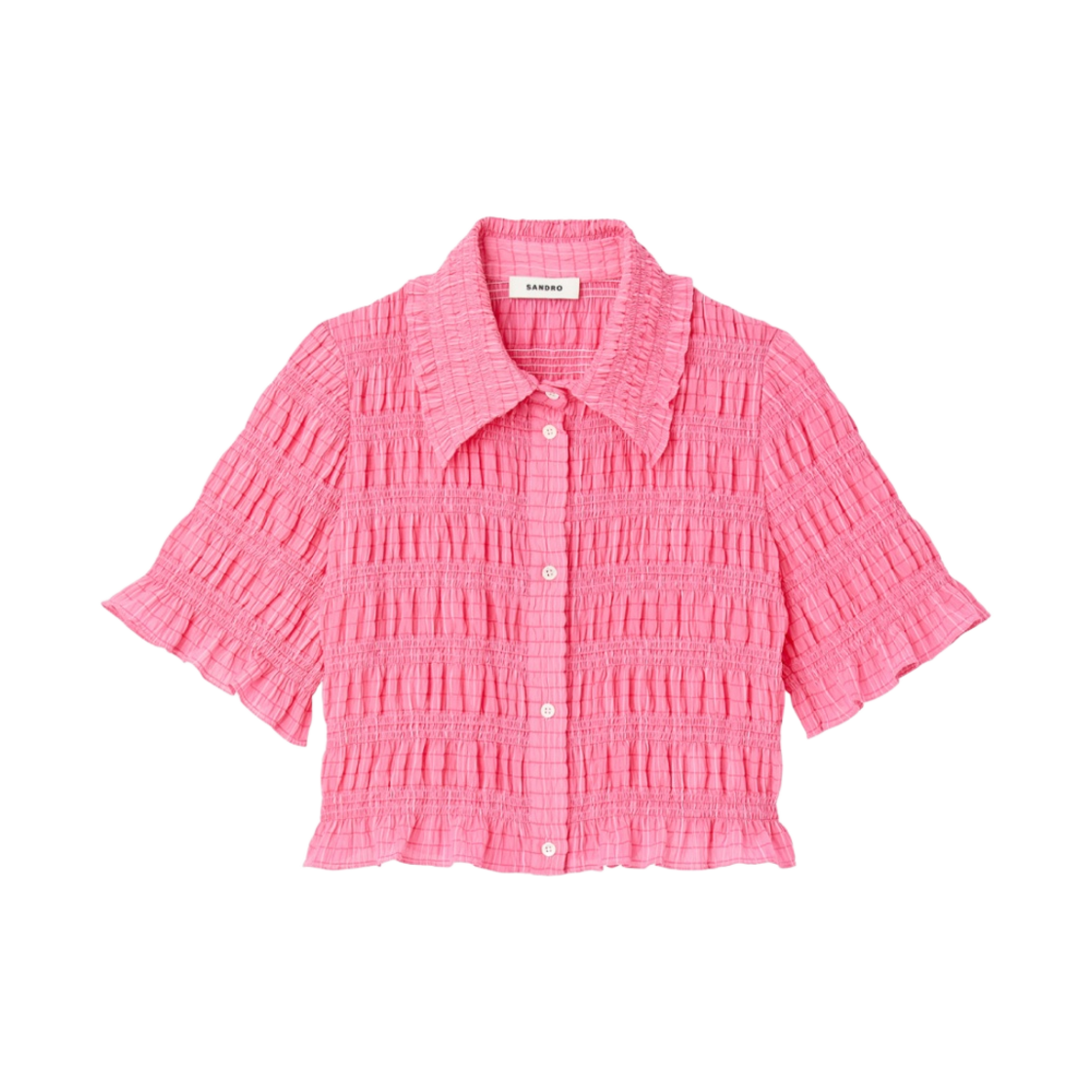 (W) 산드로 크롭 프릴 스모킹 블라우스 캔디 핑크((W) Sandro Cropped Frill Smocked Shirt Candy Pink)