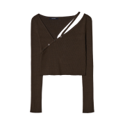 Diagonal Strap Button Knit Top Brown