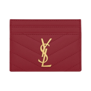 Saint Laurent Cassandre Matelasse Card Case in Grain De Poudre Embossed Leather Rouge Opyum