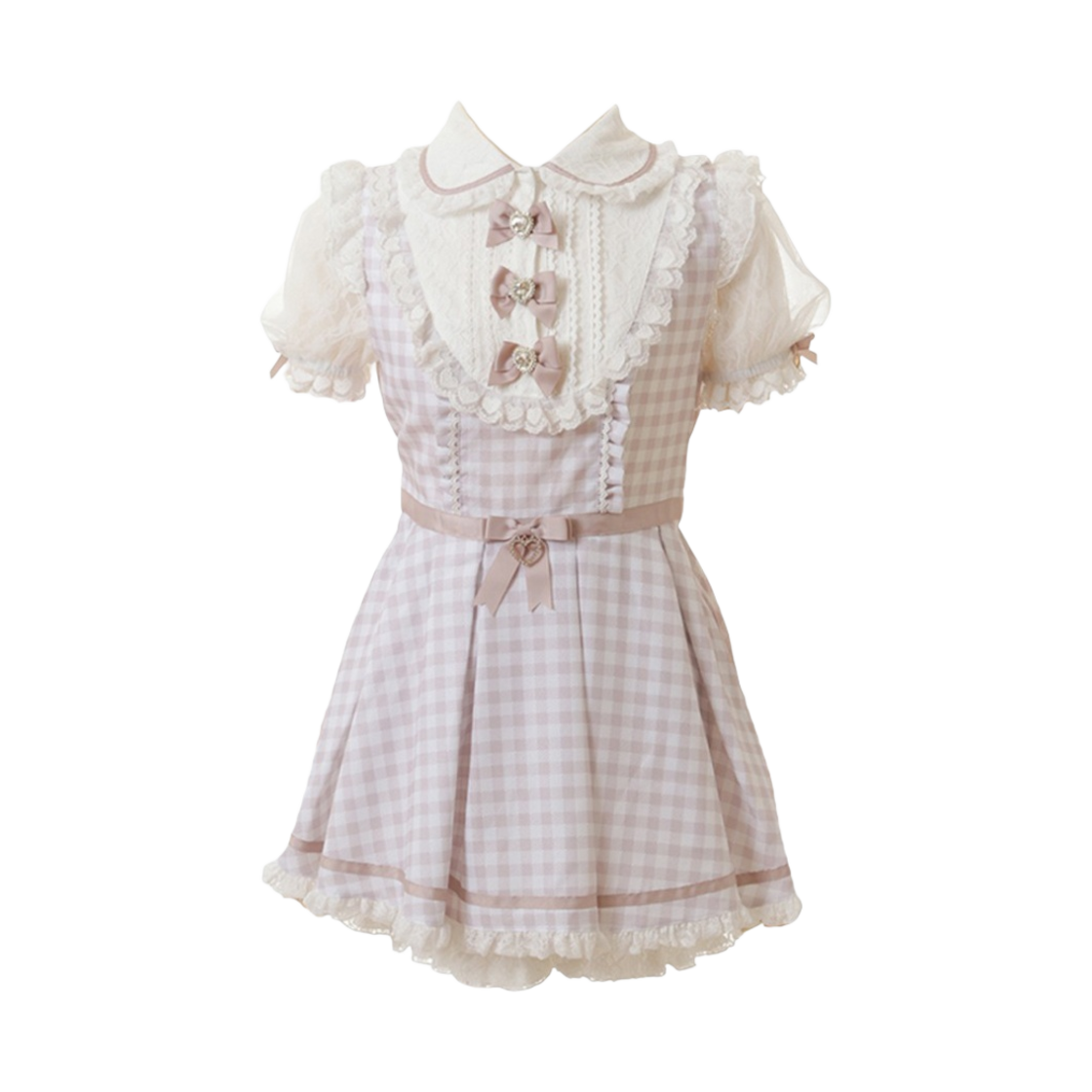 (W) 리즈 리사 쓰리 리본 깅엄 요크 셋업 핑크((W) Liz Lisa Three Ribbon Gingham Yoke Set-Up Pink)