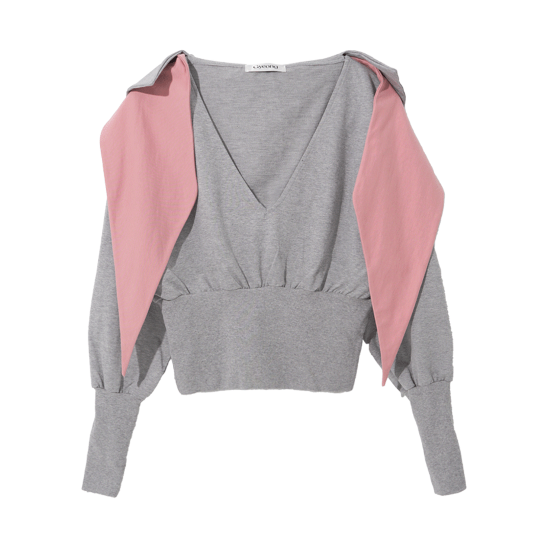 경 타이 후드 탑 그레이 & 핑크(Gyeong Tie Hooded Top Gray & Pink)