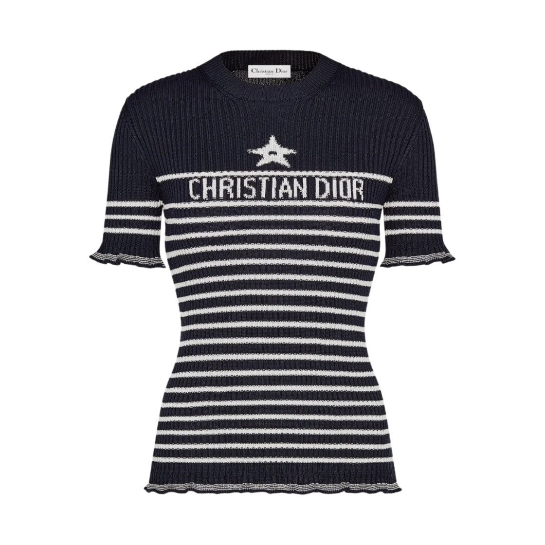 (W) 디올 시그니쳐 화이트 코튼 립드 니트 숏슬리브 스웨터 네이비 블루((W) Dior Short Sleeved Sweater White Cotton Ribbed Knit with Signature Navy Blue) - 1
