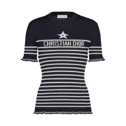 (W) Dior Short Sleeved Sweater White Cotton Ribbed Knit with Signature Navy Blue