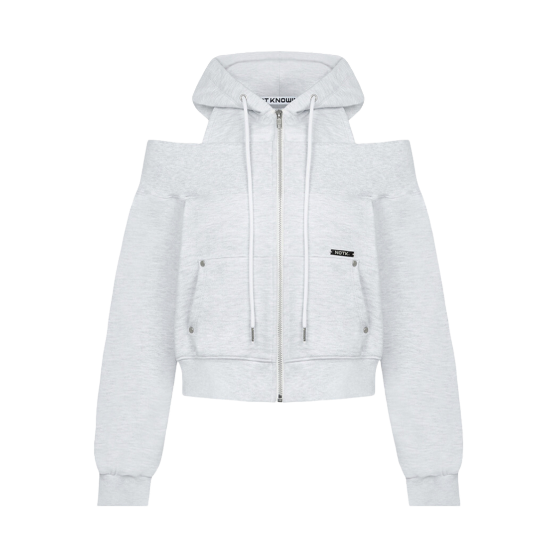NK3SOT04_W Notknowing Open Shoulder Zip Up Hoodie Melange White