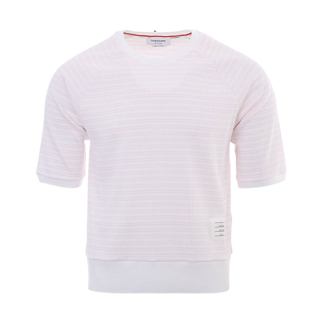 MJS175A-08073-640 Thom Browne Stripe Rib Cuff Short Sleeve T-Shirt Light Pink - 대표 이미지 #1