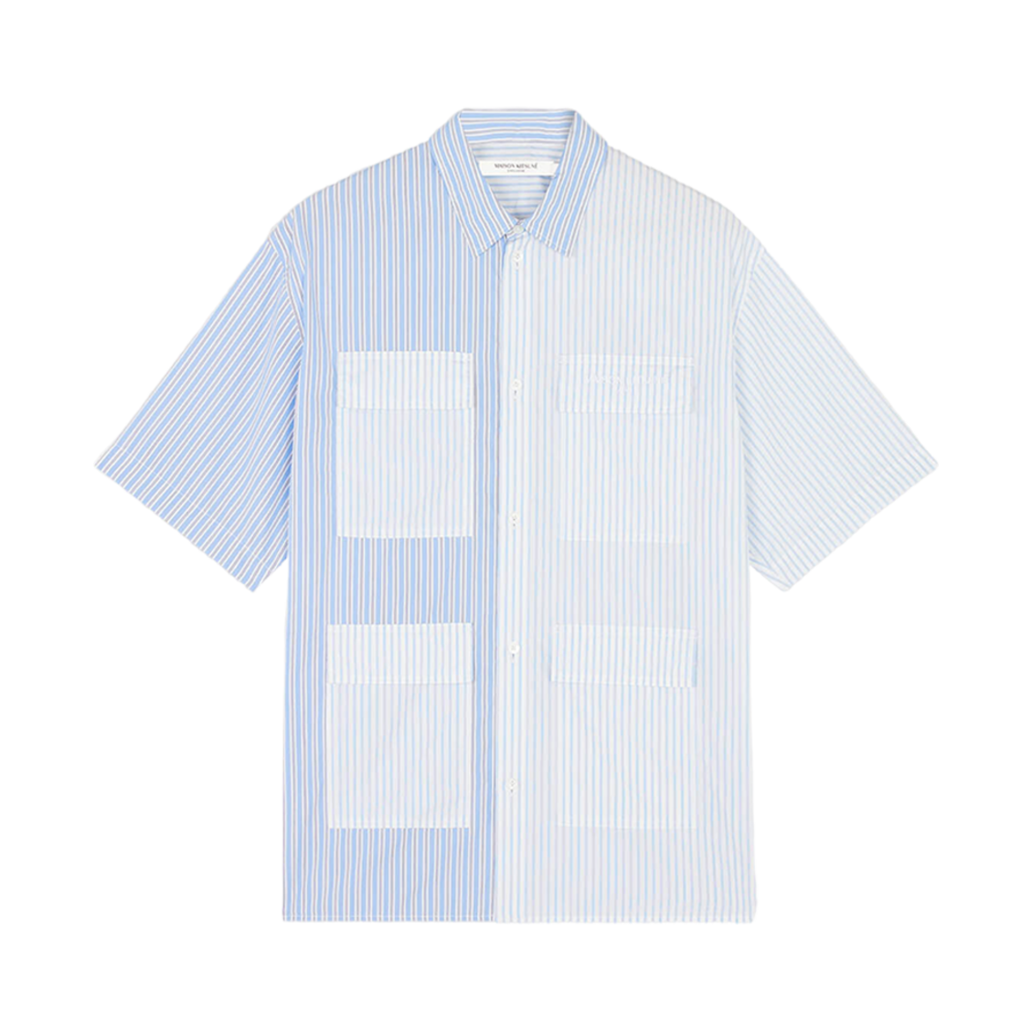 메종 키츠네 멀티 포켓 셔츠 블루 컬러 블록 스트라이프(Maison Kitsune Multi Pockets Shirt Blue Color Block Stripes) - 1