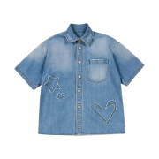 The Museum Visitor Star Damaged Denim Half Shirts Light Blue