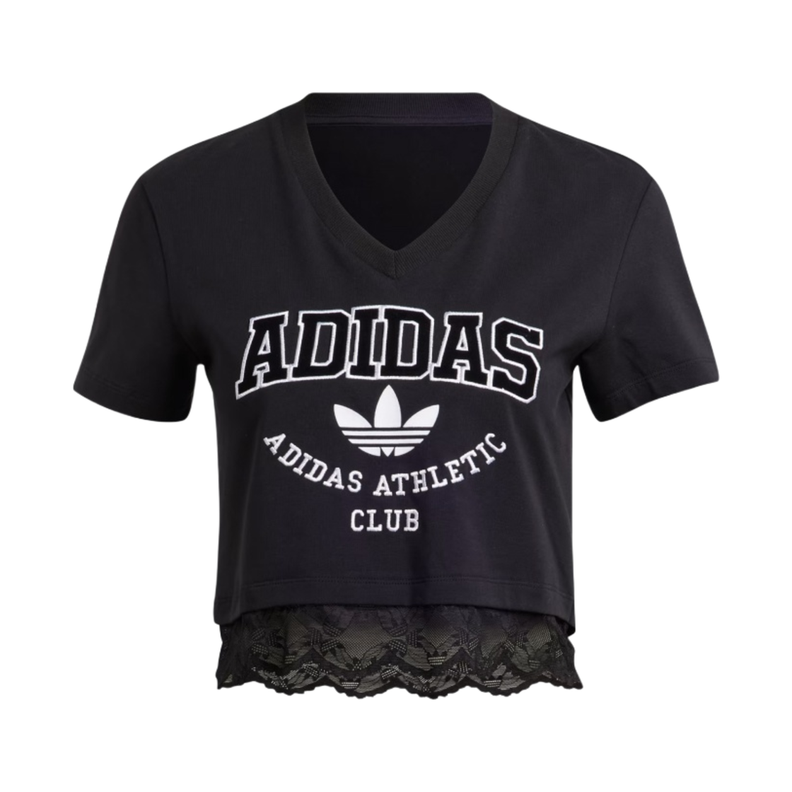 (W) 아디다스 크롭 레이스 트림 티셔츠 블랙 - US 사이즈((W) Adidas Cropped Lace Trim T-Shirt Black - US Sizing) - 1