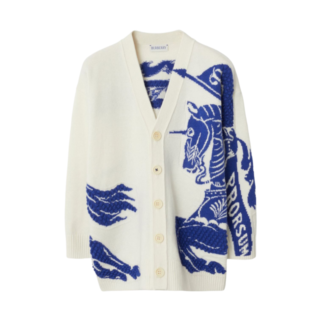 (키즈) 버버리 이퀘스트리안 나이트 인타르시아 니트 가디건 에크루 로얄 블루((Kids) Burberry Equestrian Knight Intarsia Knit Cardigan Ecru Royal Blue)