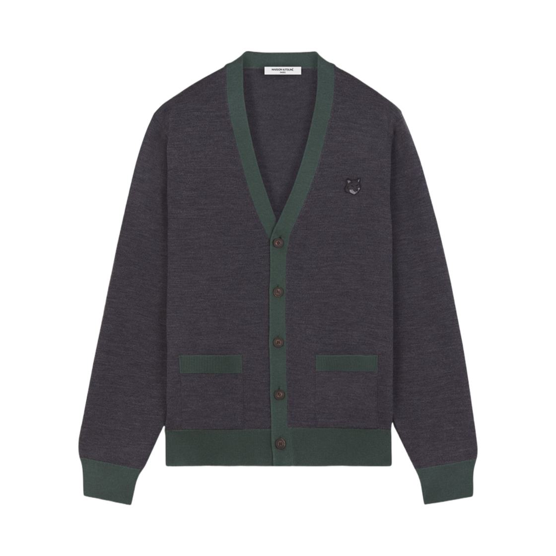 메종 키츠네 볼드 폭스 헤드 패치 바이 컬러 가디건 다크 그레이 멜란지(Maison Kitsune Bold Fox Head Patch Bi-Color Cardigan Dark Grey Melange)