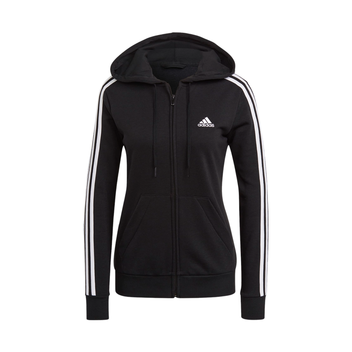 (W) 아디다스 에센셜 프렌치 테리 삼선 풀집 플리스 후드 블랙 화이트 - US 사이즈((W) Adidas Essentials French Terry 3-Stripes Full-Zip Fleece Hoodie Black White - US Sizing)