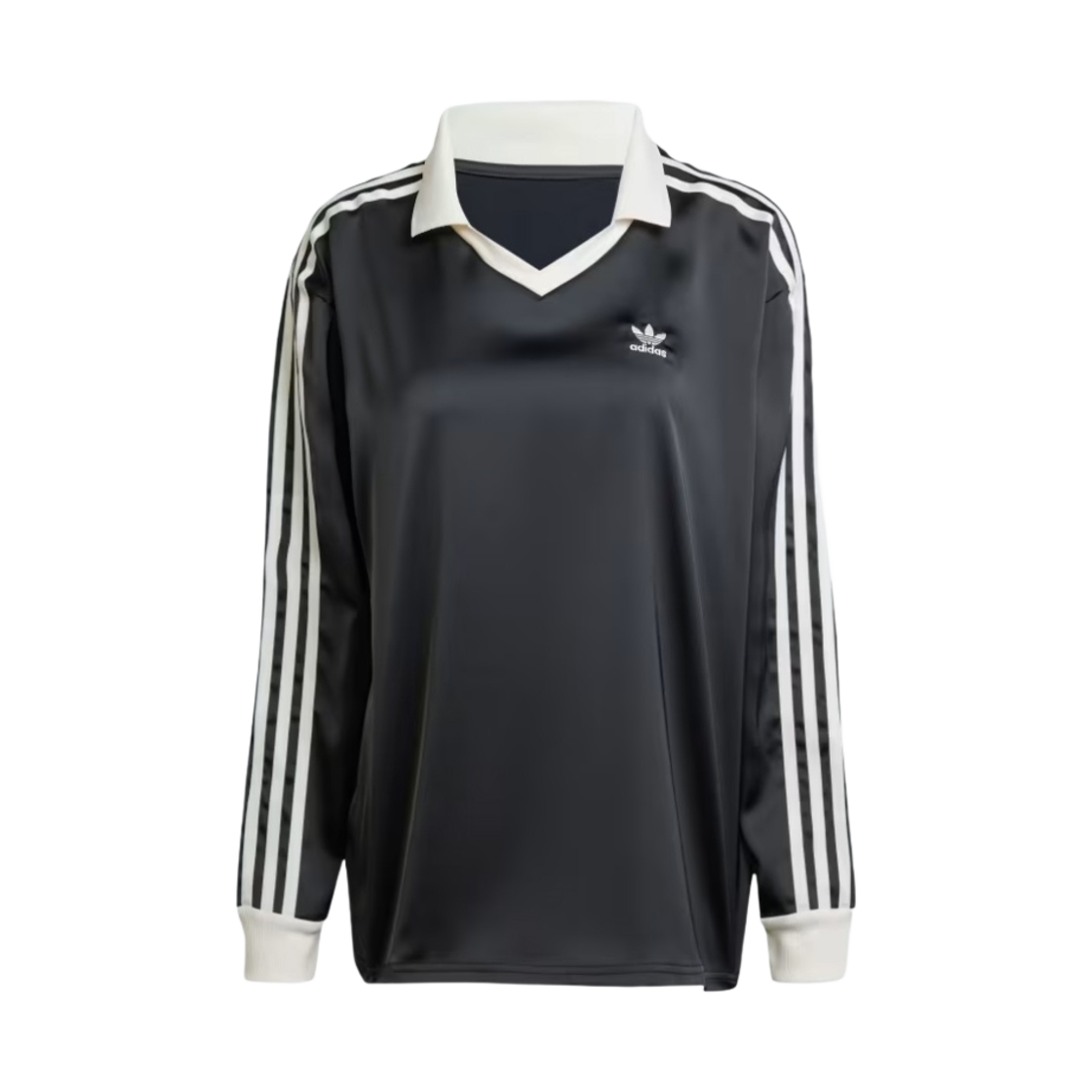 (W) 아디다스 삼선 사틴 롱슬리브 티셔츠 블랙 - KR 사이즈((W) Adidas 3-Stripes Satin Long Sleeve T-Shirt Black - KR Sizing)