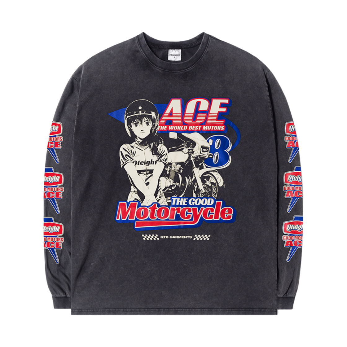 큐티에잇 가먼츠 에이스 모터스 셀파 워시드 롱 슬리브 블랙