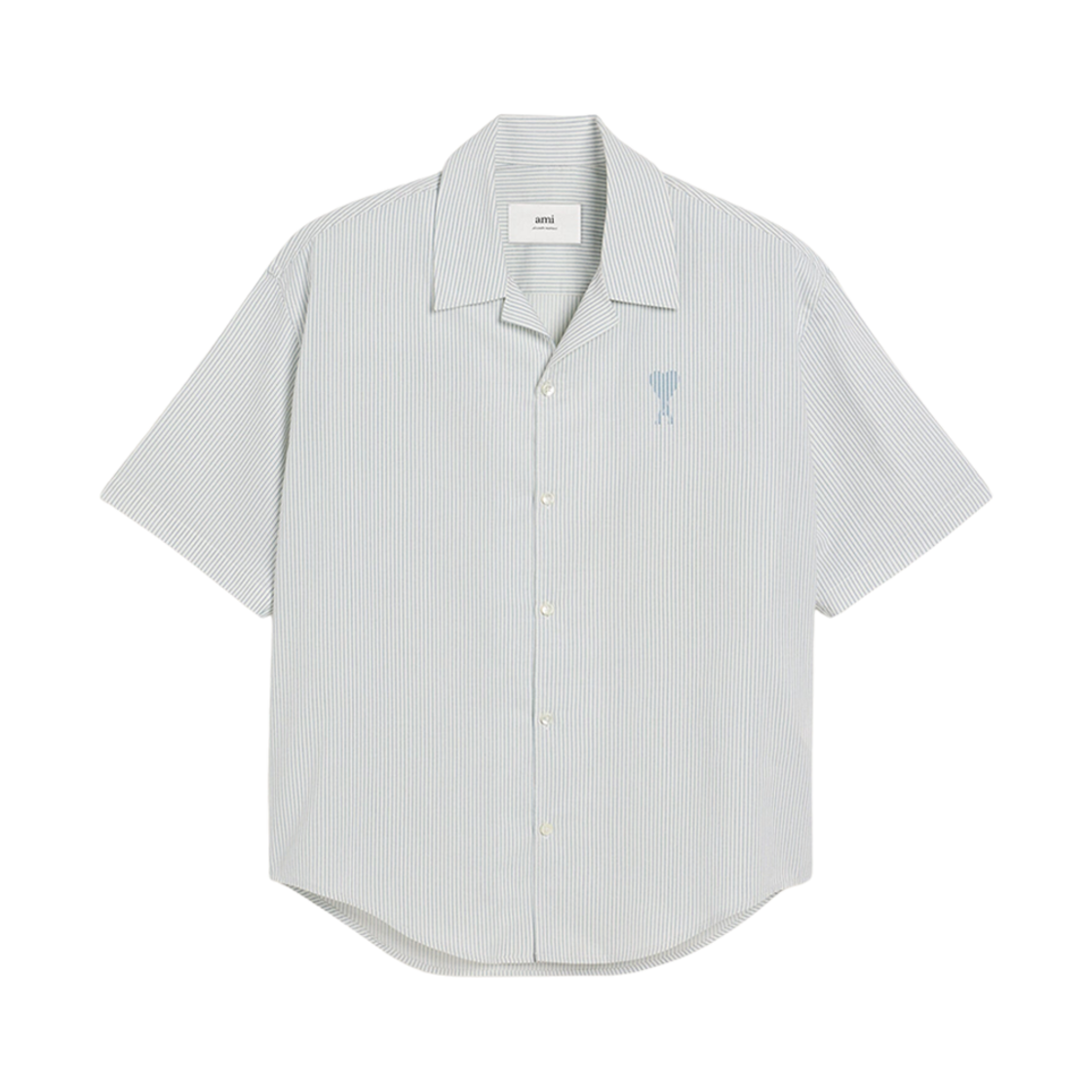 아미 톤온톤 하트 로고 스트라이프 코튼 캠프 칼라 포플린 자카드 숏슬리브 셔츠 블랑 노트 블루(AMI de Coeur Stripped Cotton Camp Collar Poplin Jacquard Short Sleeve Shirt Blanc Note Bleue) - 1