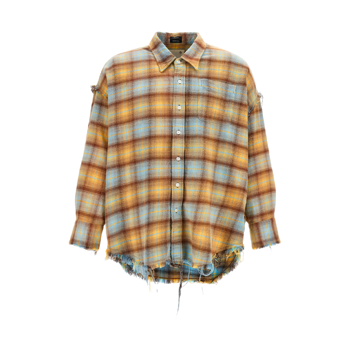 (W) R13 슈레디드 심 드롭 넥 셔츠 라이트 블루 옐로우 플레이드((W) R13 Shredded Seam Drop Neck Shirt Light Blue Yellow Plaid)